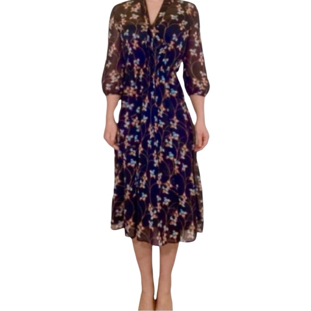Miss Selfridge neck Bow, Button front, floral, midi dress navy cottage - Picture 2 of 10